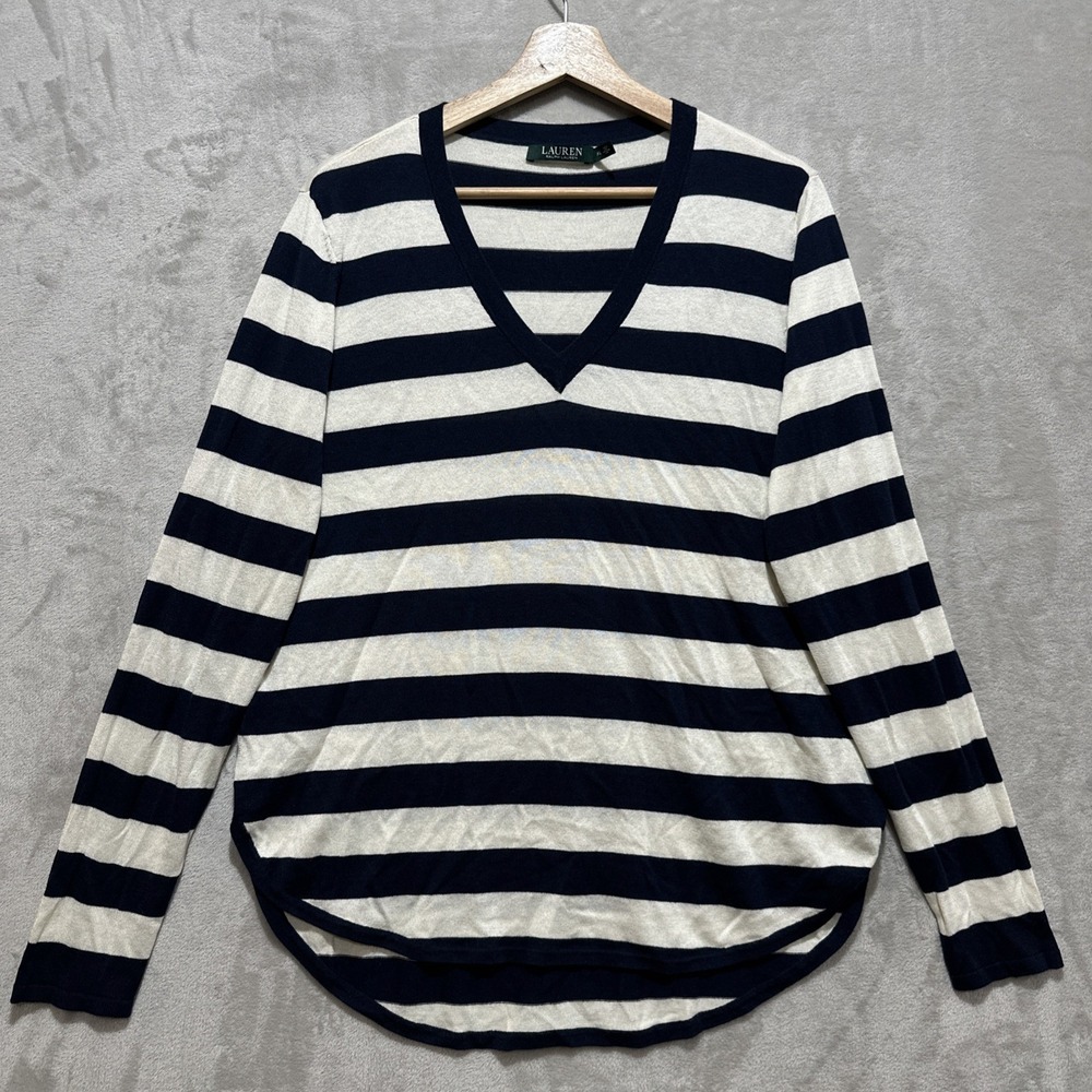 Lauren‎ Ralph Lauren V-Neck Pullover Sweater Women's XL Striped Long Sleeve